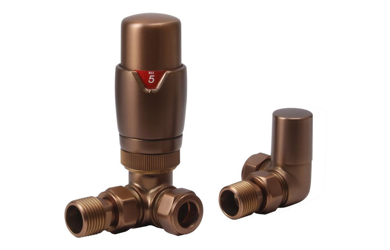 Round Thermostatic Brushed Bronze Radiator Valves - Corner