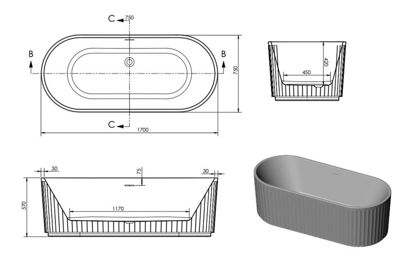 Strait Fluted Freestanding Bath 1700mm