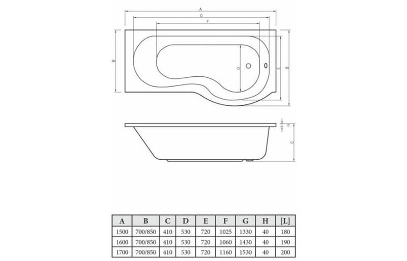 1500mm P Shaped Shower Bath, Panel & Screen