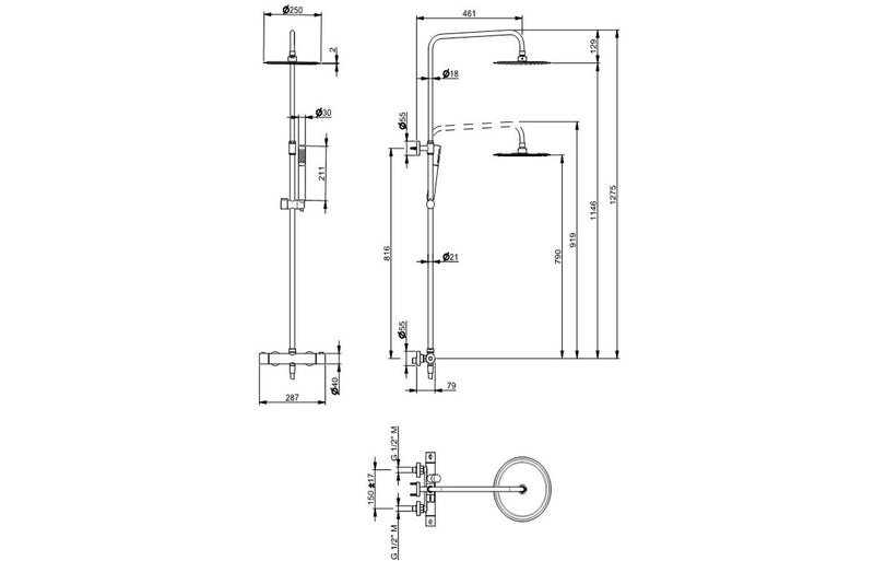 Vema Thermostatic Shower Column w/Fixed Head & Riser - Matt Black