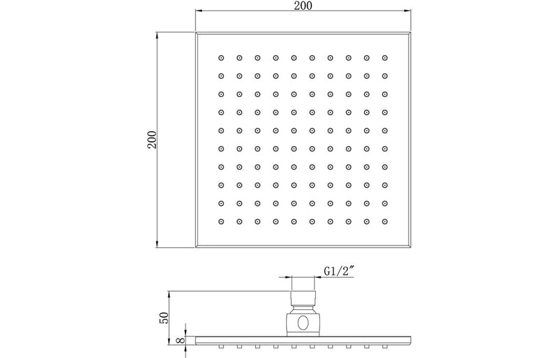 Brass 200mm Square Shower Head - Chrome