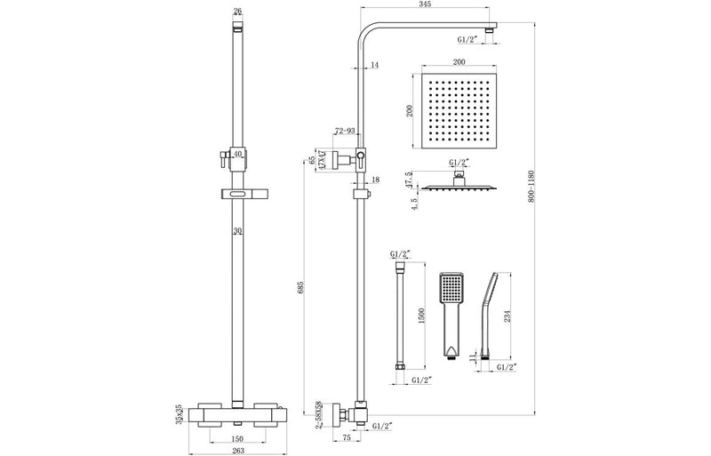 Square Thermostatic Rain Head Shower - Brushed Brass