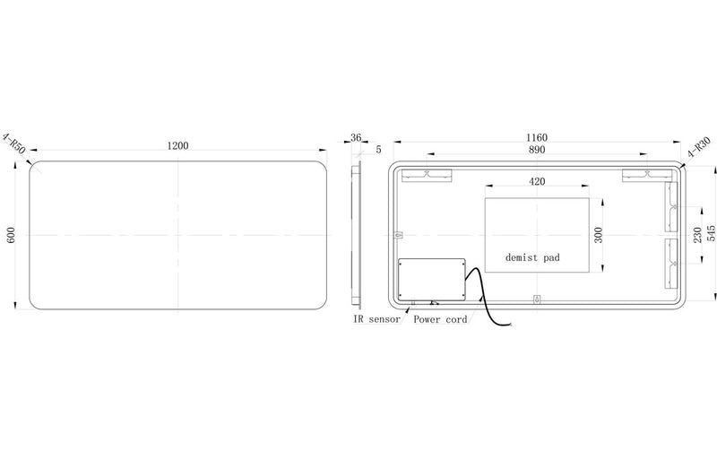 Backlit Rectangle LED Mirror W1200 x H600mm