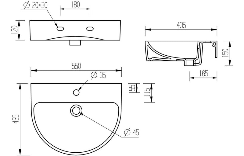 Craft 555mm 1TH Basin & Full Pedestal