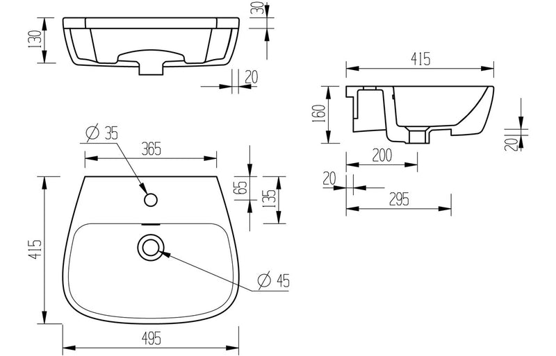 Profile/Tuscany 495mm Semi Recessed Basin