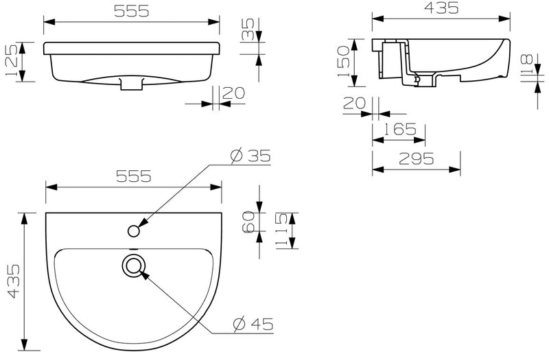 Elegant 555mm Semi Recessed Basin