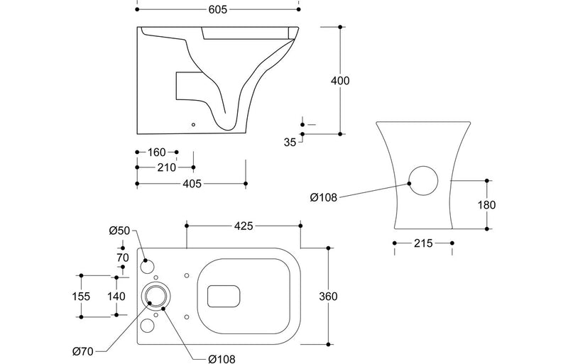 Oakwood Close Coupled Toilet - Closed Back, Short Projection