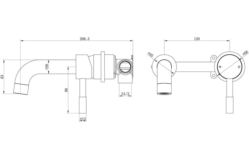 Cara Wall Mounted, Brushed Brass Basin Mixer