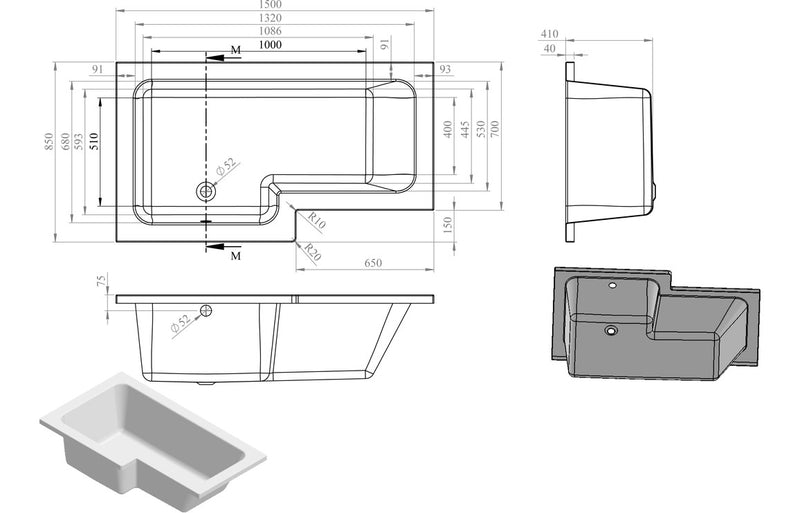 1500mm L Shaped Bath, Panel & Screen