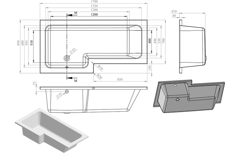 1700mm L Shaped Bath, Panel & Screen