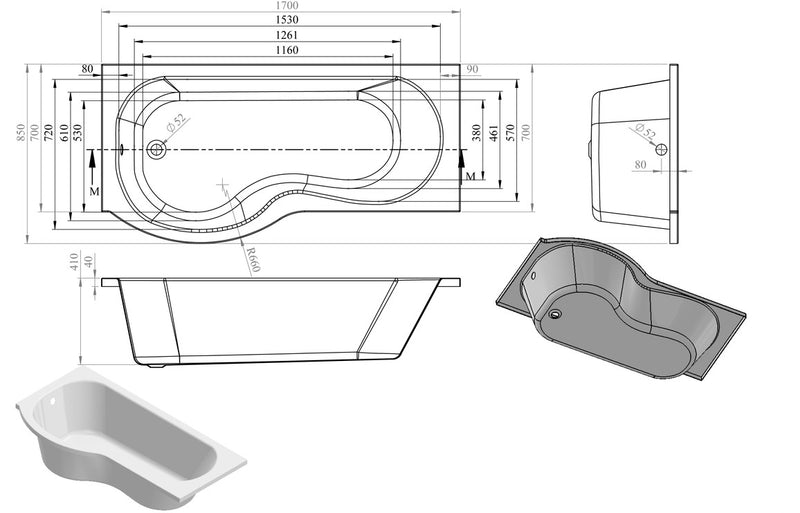 1700mm P Shaped Shower Bath, Panel & Screen