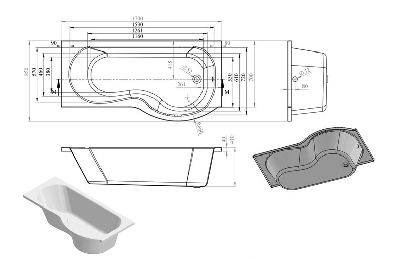 1700mm P Shaped Shower Bath, Panel & Screen