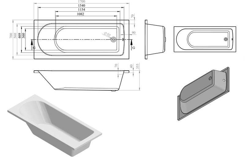 1700x700 Curved Bath 2TH