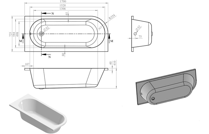 J Shaped 1700mm Single Ended Bath