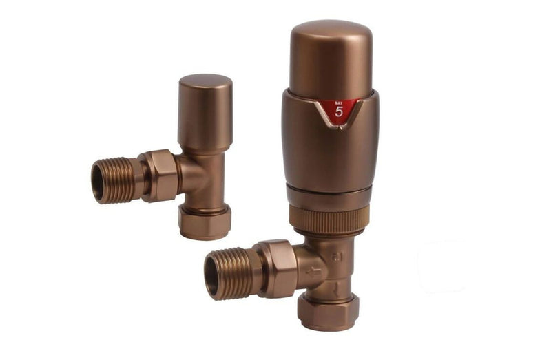 Round Thermostatic Brushed Bronze Radiator Valves - Angled