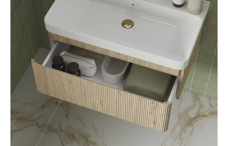 Mexico 605mm Wall Hung 1 Drawer Basin Unit & Basin - Fluted Oak