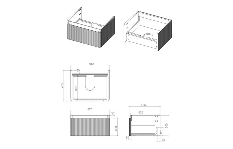 Mexico 605mm Wall Hung 1 Drawer Basin Unit & Basin - Fluted Oak